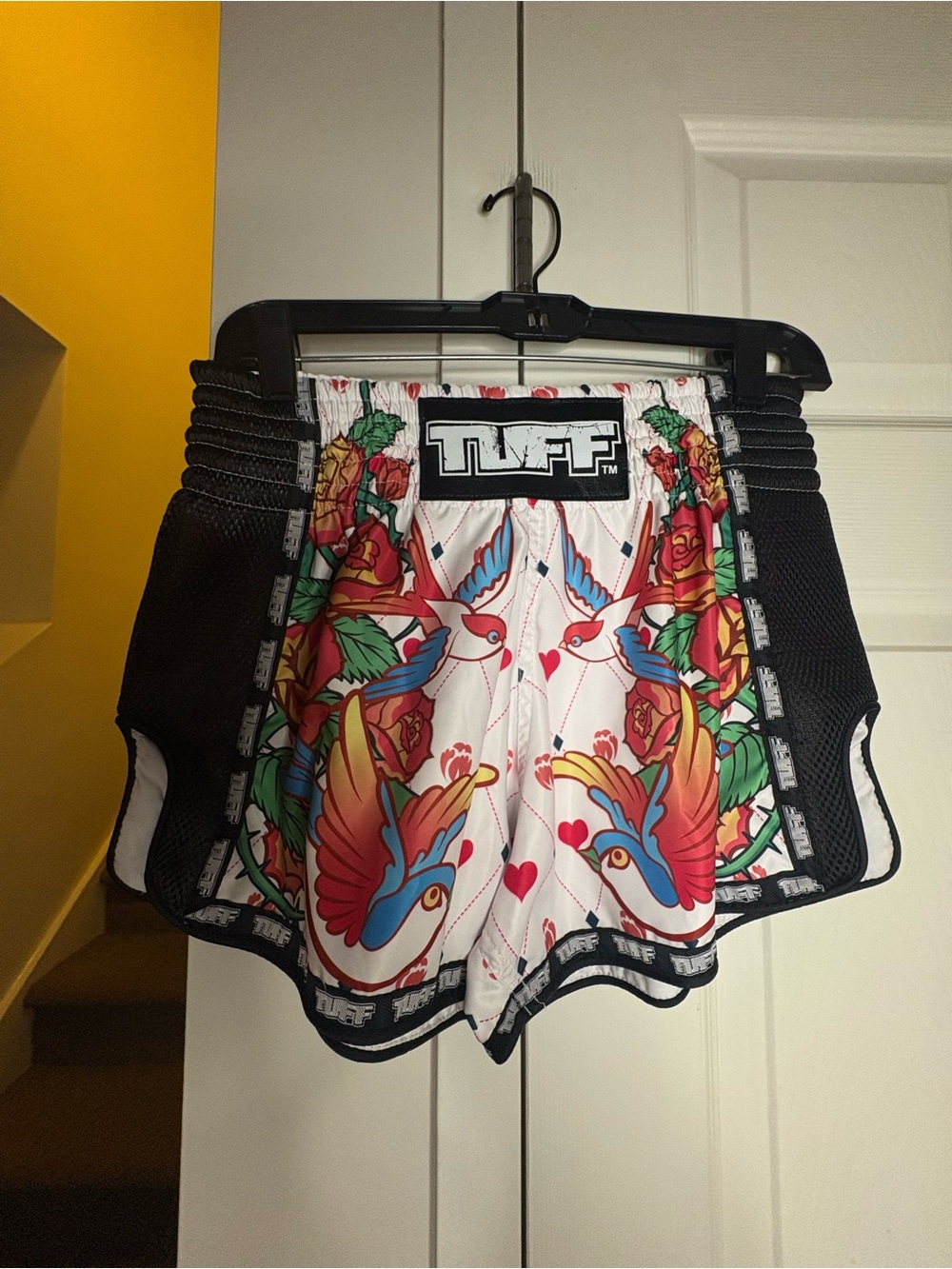 Women's White Athletic Shorts with Multicolor Bird Print